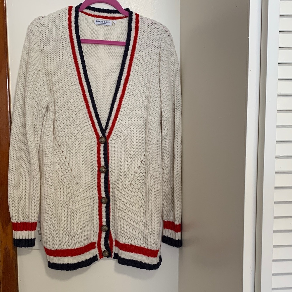 Brave Soul Cream Cardigan with Red and Navy Trim Size M